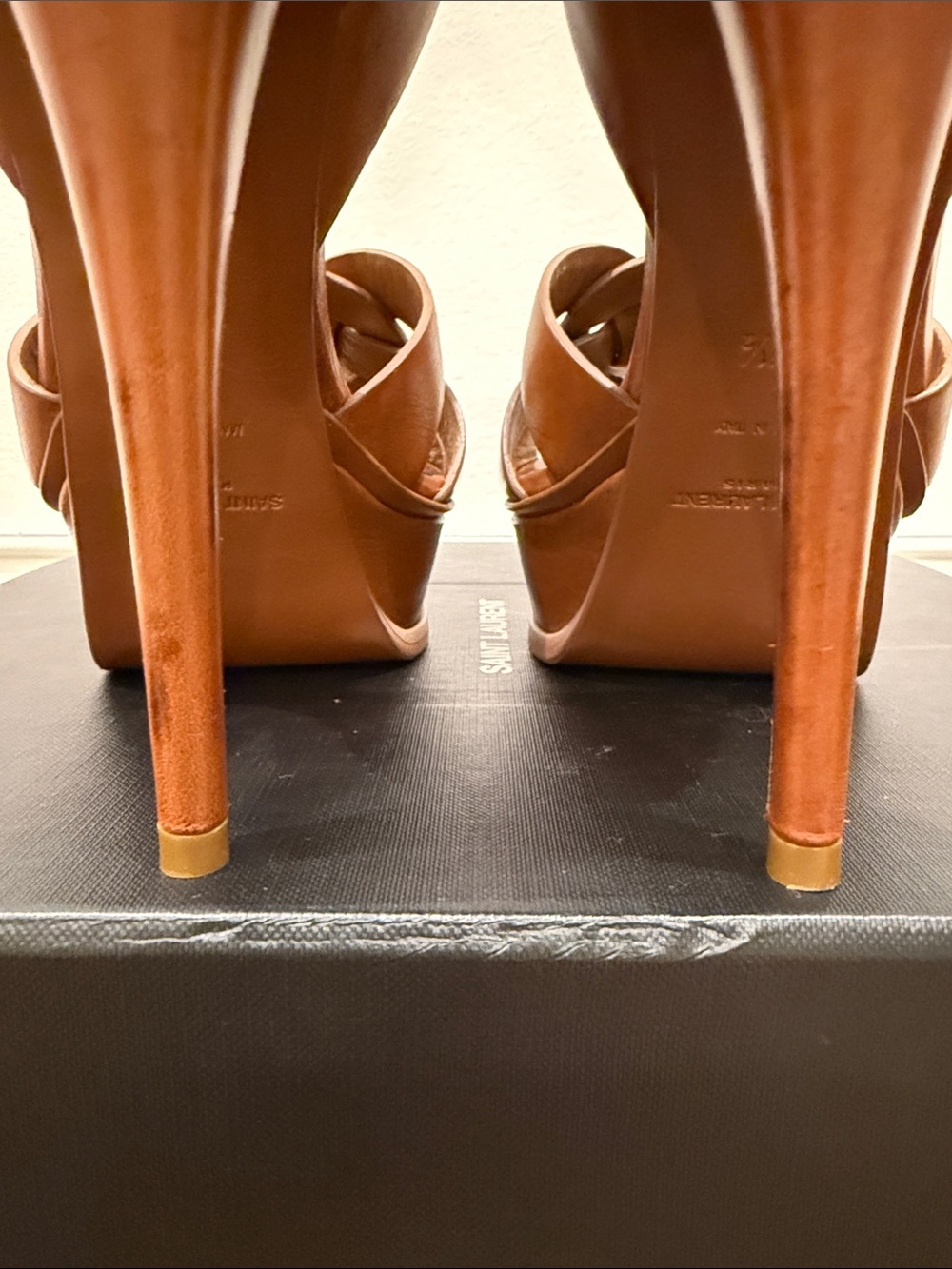 Saint Laurent Tribute 105 Camel Leather Platform Sandals Heels 37.5 Full Set - Picture 6 of 13